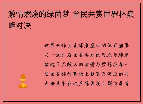 激情燃烧的绿茵梦 全民共赏世界杯巅峰对决