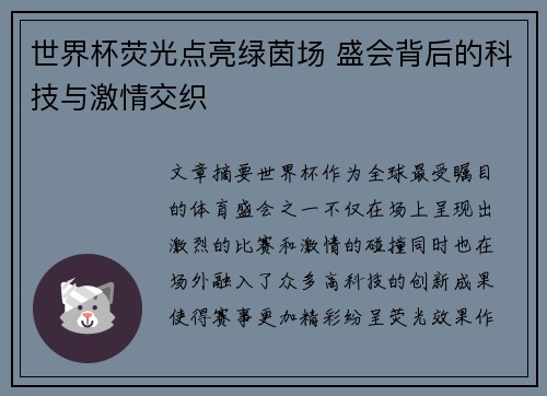 世界杯荧光点亮绿茵场 盛会背后的科技与激情交织